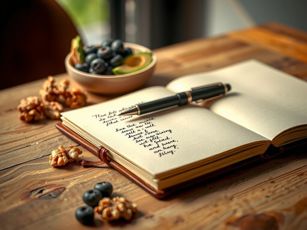 Notizbuch mit Notizen und frischen Lebensmitteln